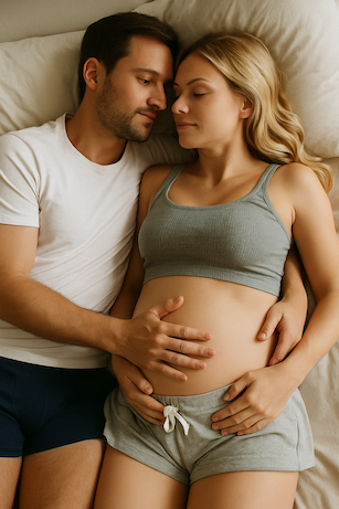 Ein verliebtes Paar liegt im Bett, Sie ist schwanger und trägt eine Shorts und einen BH. Er umarmt sie verliebt und trägt ein weißes T-Shirt und eine schwarze Boxershorts. Beide berühren sich, es knistert, sex liegt in der Luft.