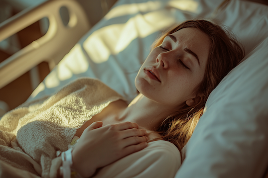 EIne Frau liegt im Krankenbett nach einem Notkaiserschnitt. Sie erholt isch von den Strapazen