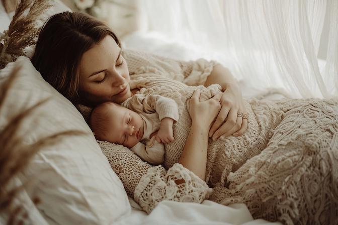 Eine Mutter erholt sich nach ihrem Kaiserschnitt im Wochenbett eng umschlungen mit ihrem Baby im Arm.