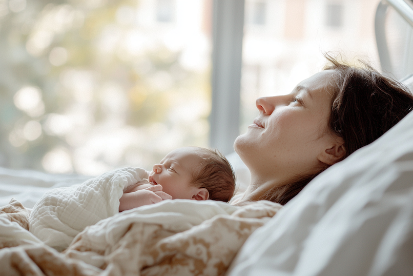 Frau liegt im Bett mit einem frischgeborenen Baby auf Ihrer Brust. Beide gucken in die Sterne. Ein Sterngucker-Baby