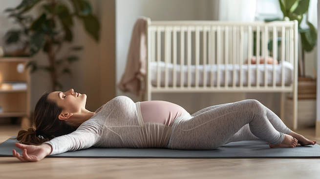 Beckenbodentraining nach Kaiserschnitt. EIne Frau liegt auf dem Boden vor einem Babybett und macht Beckenbodentraining