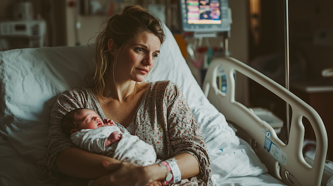 Geburtsstillstand Kaiserschnitt Erfahrung. Eine Frau liegt erschöpft im Krankenhausbett nach einem Kaiserschnitt und hält ihr Baby im Arm