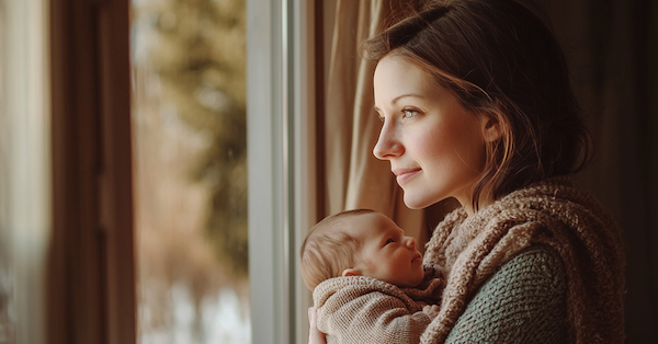 Kaiserschnitt Mythen. Eine Frau steht am Fenster und guckt raus. Vor Ihrer Brust hält sie ihr neugeborenes Baby