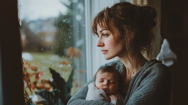 Kaiserschnitt emotional verarbeiten. Eine Frau steht verloren am Fenster und guckt raus. In ihrem Arm hält sie ihr neu geborenes Baby.