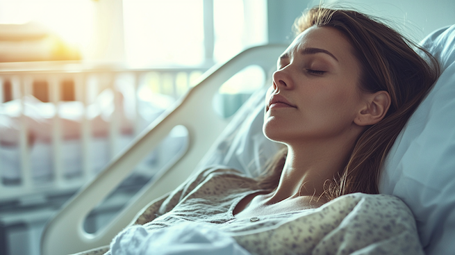 Notkaiserschnitt Vollnarkose Erfahrung. EIne Frau liegt nach einem Notkaiserschnitt im Bett. Im Hintergrund leigt das Baby im Bett