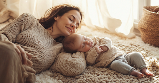 Rückbildung nach Kaiserschnitt. Eine Mutter liegt auf dem Boden neben ihrem neugeborenen Baby und macht Atemübungen.