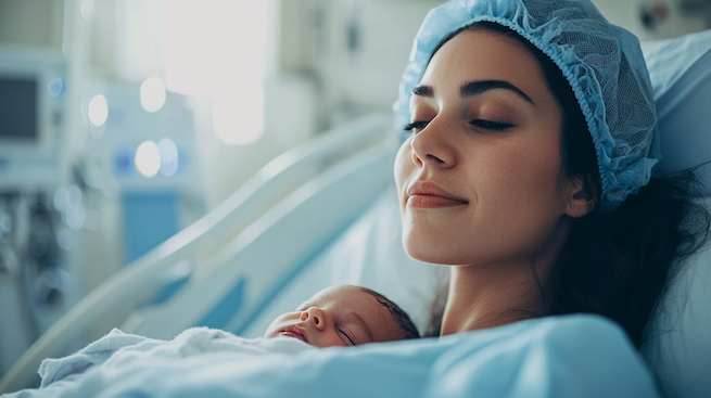 Wunschkaiserschnitt Erfahrung. EIne Frau liegt unmittelbar nach dem Kaiserschnitt glücklich im Bett mit ihrem Neugeborenen Baby auf der Brust.