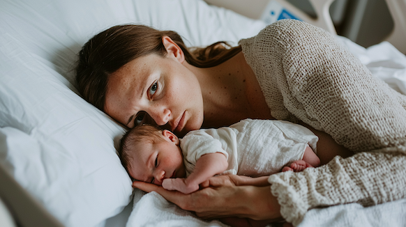 Bonding nach Kaiserschnitt. Eine Mutter liegt nach Kaiserschnitt im Bett und macht Bonding mit ihrem Baby