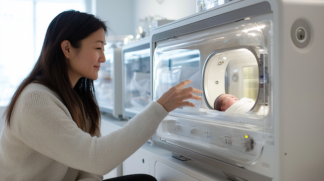 Frühchen Mama Erfahrung. Eine Mutter sitzt neben einem Baby Inkubator im Krankenhaus.