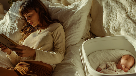 Mama Selbstfürsorge - eine Frau liegt im Wochenbett nach ihrem Kaiserschnitt mit ihrem Baby und liest ein Buch