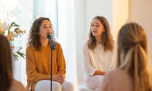 Kaiserschnitt Wahrheit - 2 Frauen sitzen auf der Bühne und sprechen beim Madame Kaiserschnitt Community Event über den Kaiserschnitt.